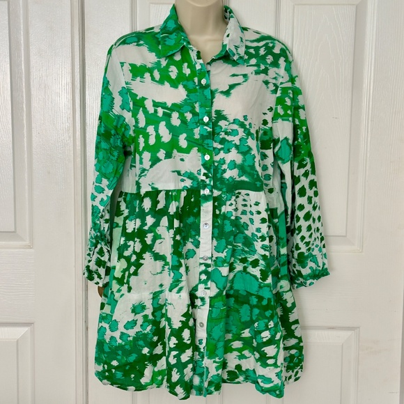 be Boho Vibrant Green and White Print Cotton Dress  Bohemian M - Picture 1 of 5